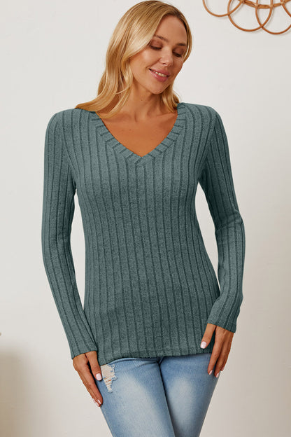 Basic Bae Full Size Ribbed V-Neck Long Sleeve T-Shirt-Teresa&#39;s Fashionista LLC