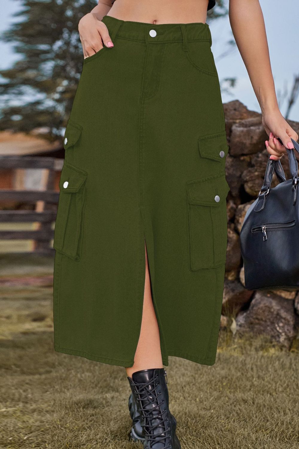 Slit Front Midi Denim Skirt with Pockets-Teresa&#39;s Fashionista LLC