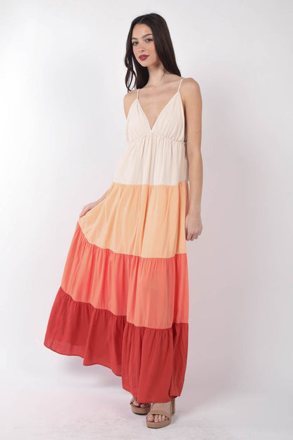 VERY J Color Block Tiered Maxi Cami Dress-Teresa&#39;s Fashionista LLC