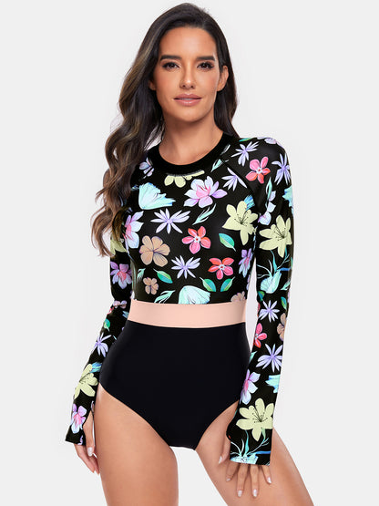 Flower Round Neck Long Sleeve One-Piece Swimwear-Teresa&#39;s Fashionista LLC