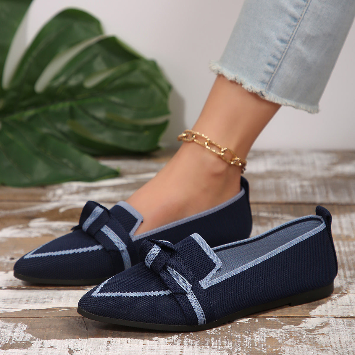 Bow Contrast Trim Point Toe Loafers-Teresa&#39;s Fashionista LLC