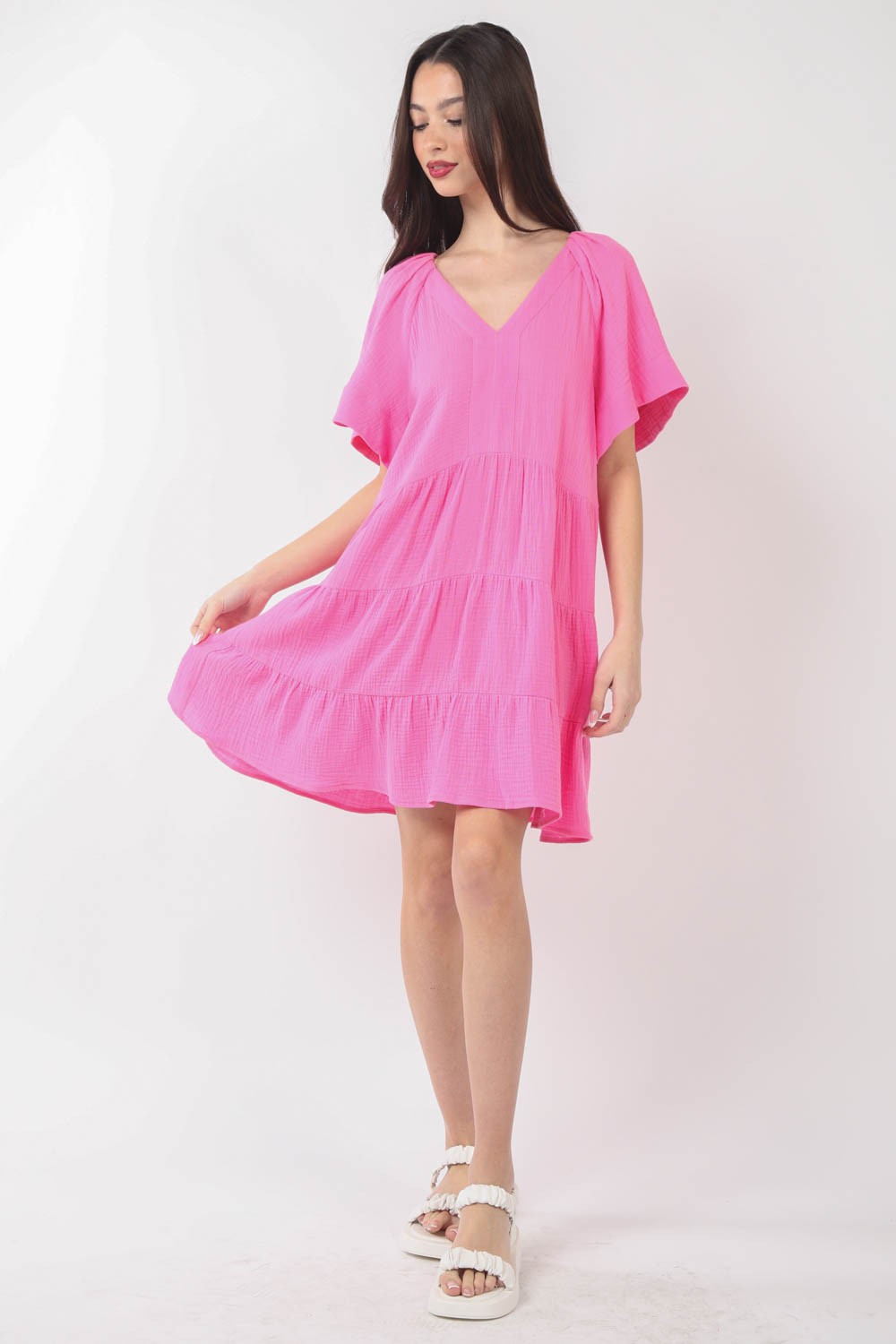 VERY J Texture V-Neck Ruffled Tiered Dress-Teresa&#39;s Fashionista LLC