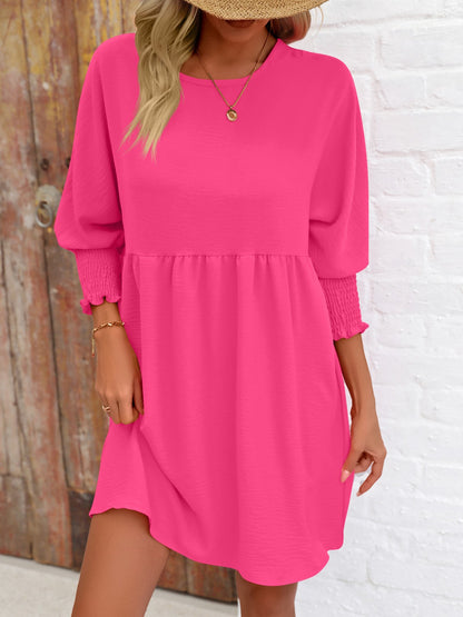 Round Neck Lantern Sleeve Mini Dress-Teresa&#39;s Fashionista LLC