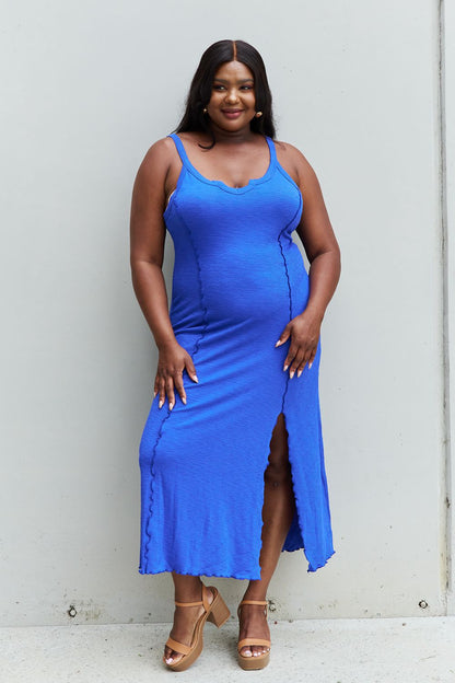 Culture Code Look At Me Full Size Notch Neck Maxi Dress with Slit in Cobalt Blue-Teresa&#39;s Fashionista LLC