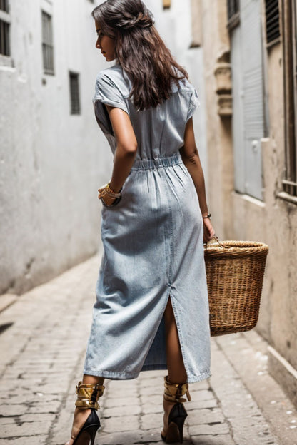 Slit Pocketed Half Button Denim Dress-Teresa&#39;s Fashionista LLC