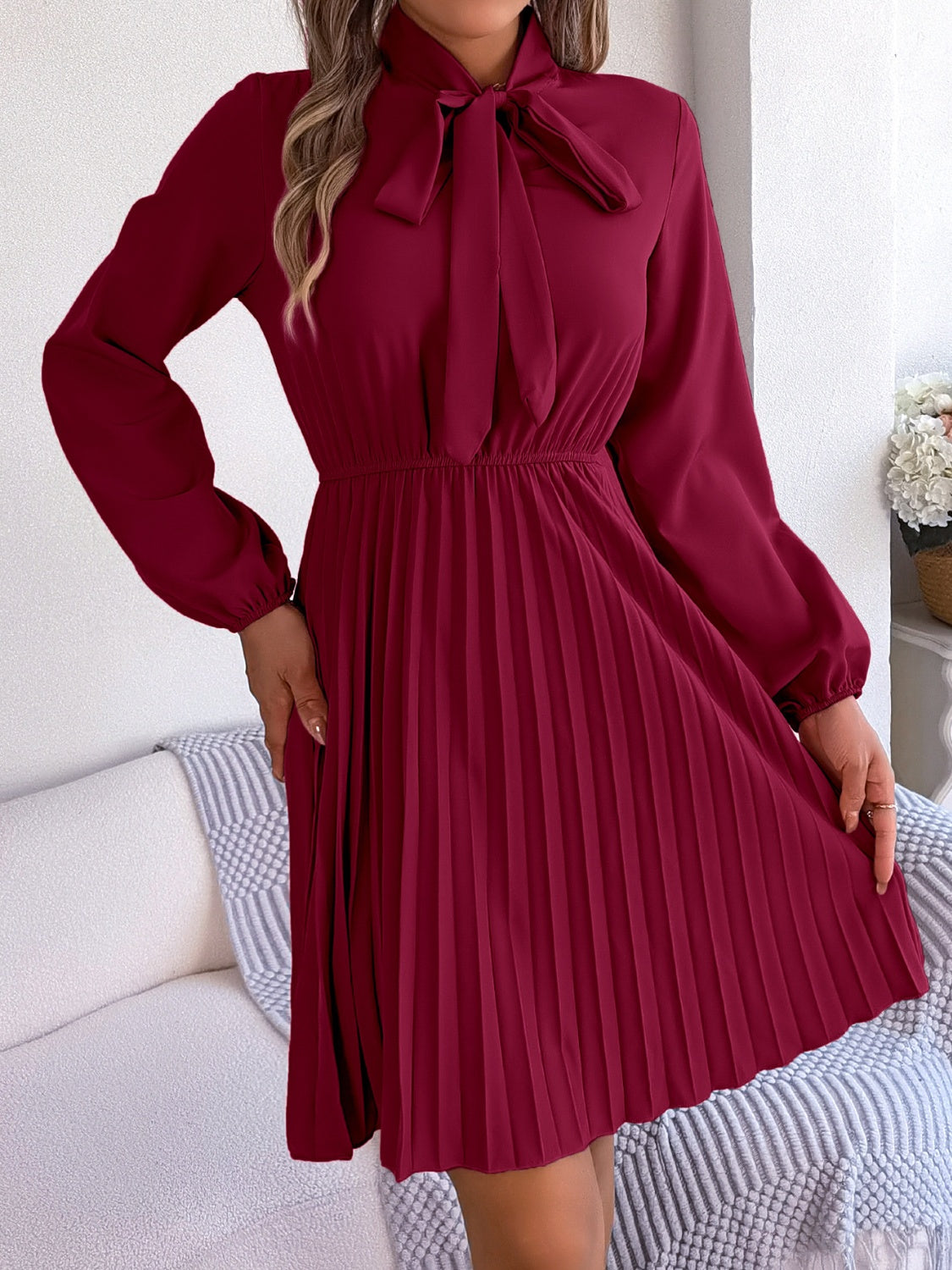 Tie Neck Balloon Sleeve Pleated Dress-Teresa&#39;s Fashionista LLC