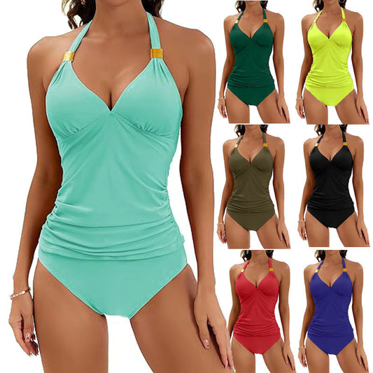 2pcs Solid Color Halter Neck Bikini Beach Fashion Sexy V Neck Swimsuit Summer Womens Clothing - Teresa's Fashionista LLC