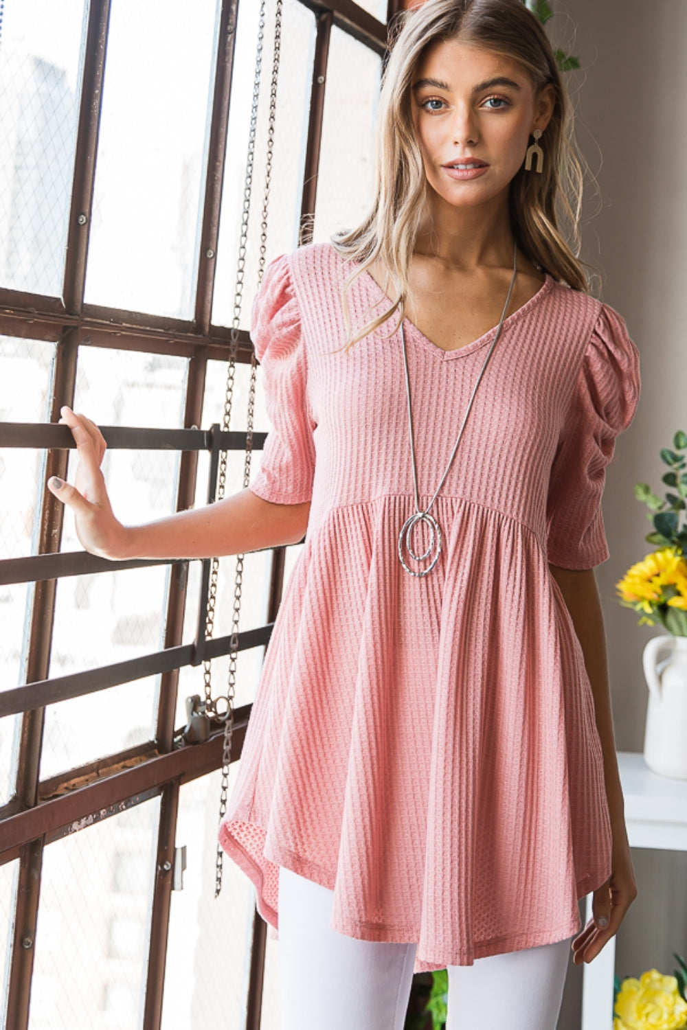 Heimish Full Size Waffle Knit V-Neck Babydoll Top-Teresa&#39;s Fashionista LLC