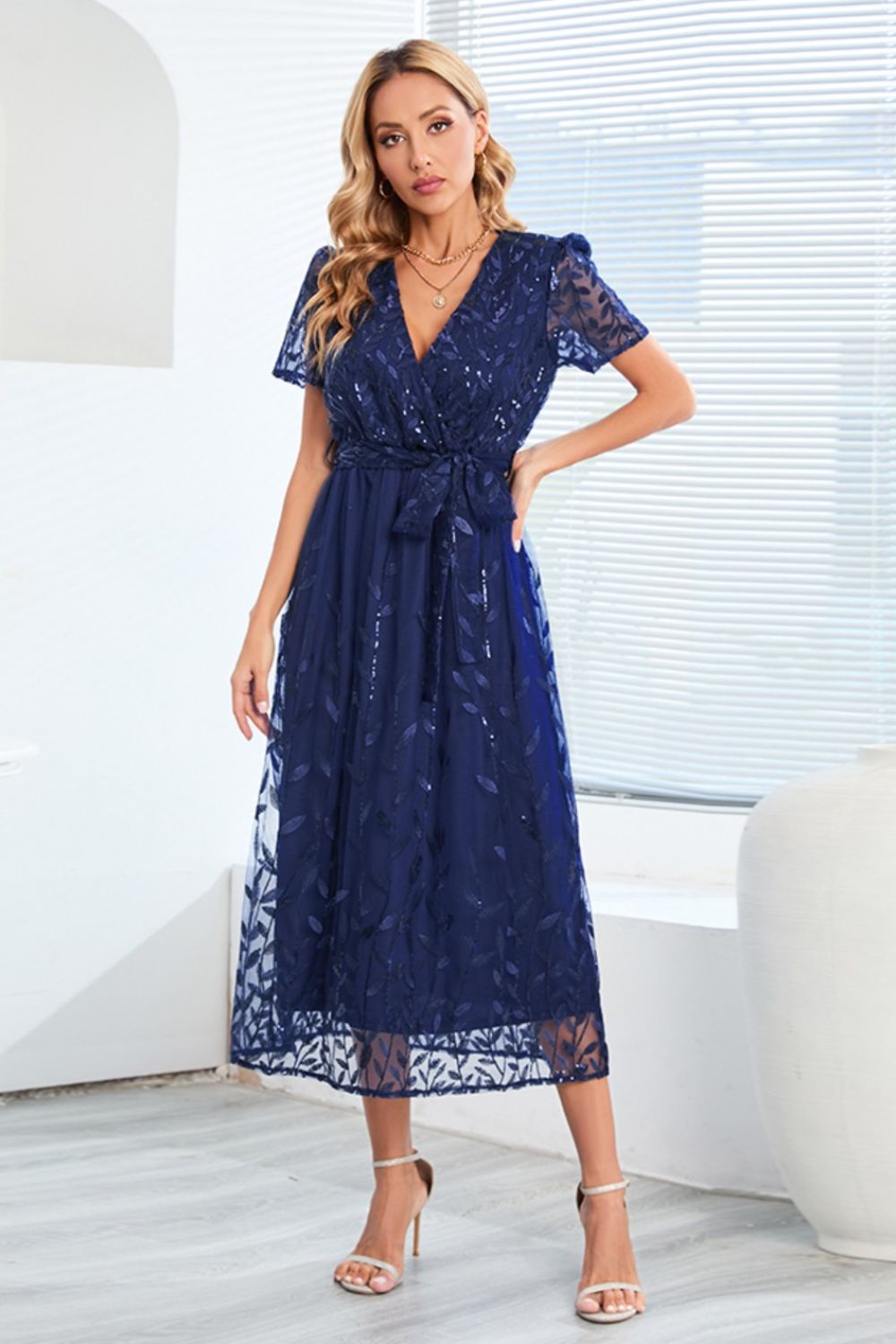 Sequin Leaf Embroidery Tie Front Short Sleeve Dress-Teresa&#39;s Fashionista LLC