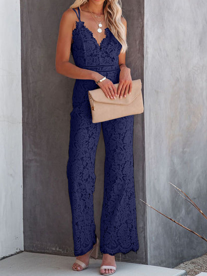 Lace V-Neck Spaghetti Strap Jumpsuit-Teresa&#39;s Fashionista LLC