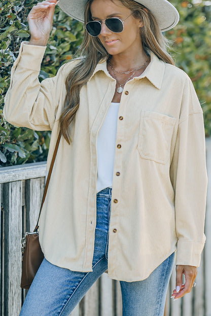 Corduroy Button-Up Pocket Shirt Jacket-Teresa&#39;s Fashionista LLC