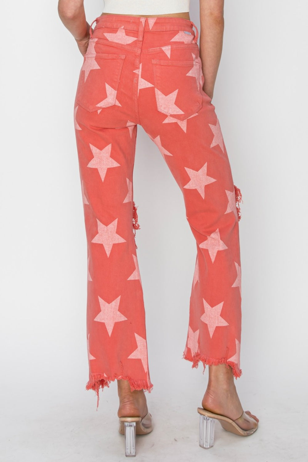 RISEN Full Size Distressed Raw Hem Star Pattern Jeans-Teresa&#39;s Fashionista LLC