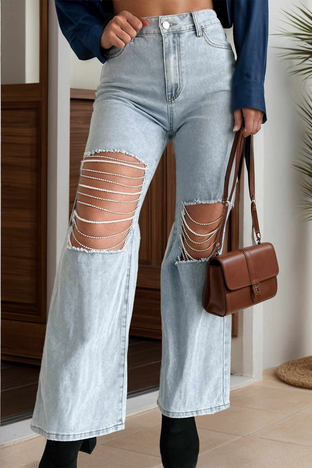 Distressed Bead Chain Straight Jeans-Teresa&#39;s Fashionista LLC