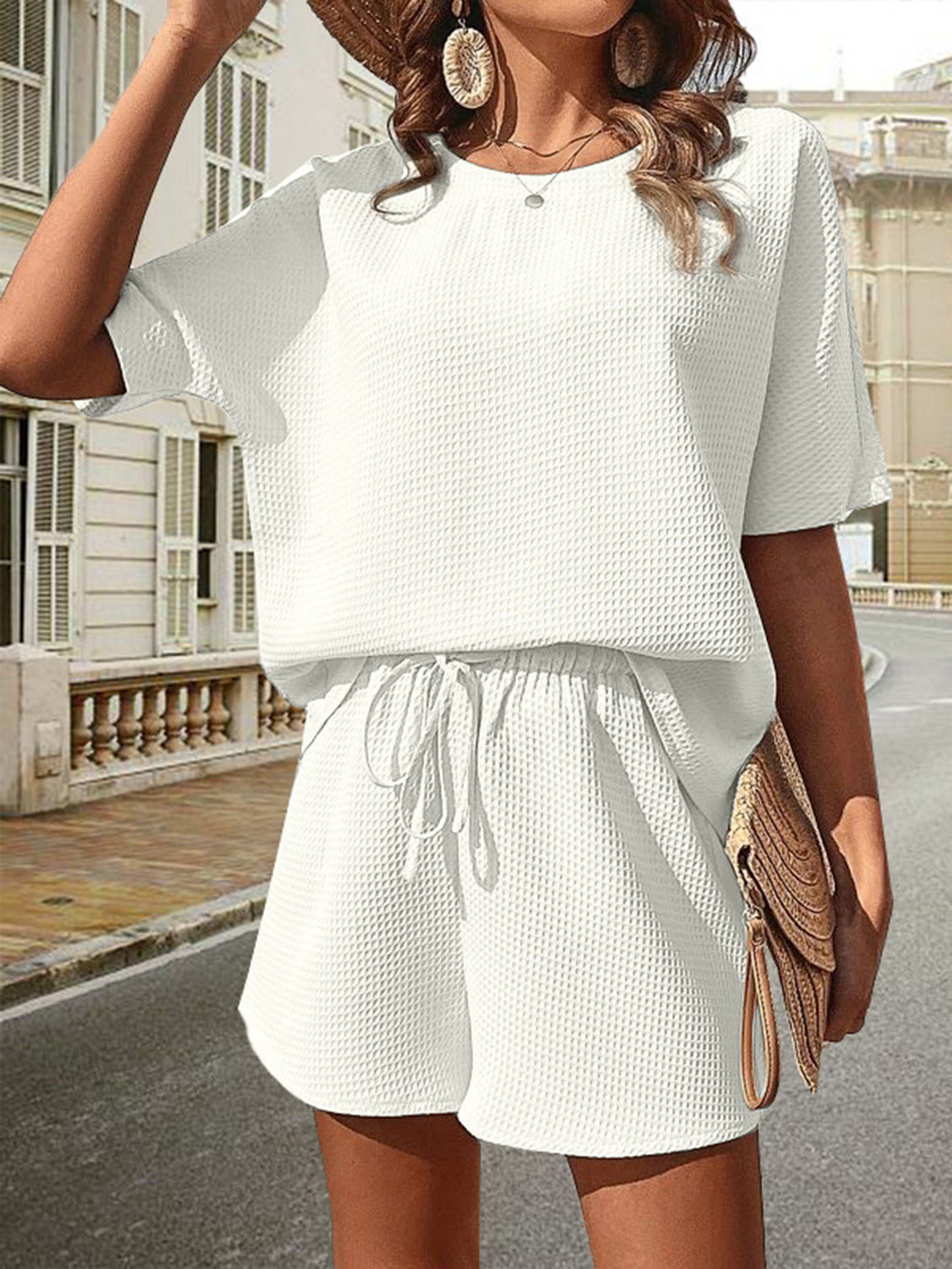 Waffle-Knit Half Sleeve Top and Shorts Set-Teresa&#39;s Fashionista LLC