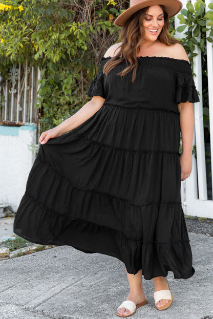 Plus Size Off-Shoulder Ruffle Trim Maxi Dress-Teresa&#39;s Fashionista LLC