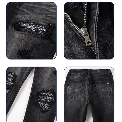 Men's Pleated Cashew Flower Jeans-Teresa&#39;s Fashionista LLC