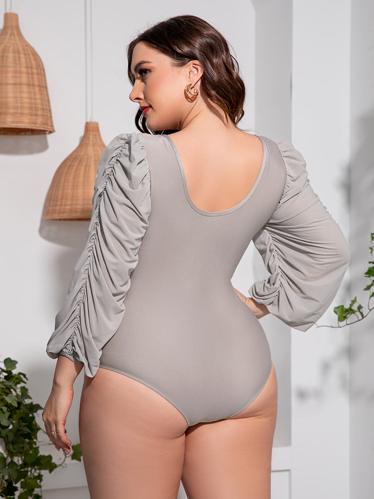 Plus Size Tied Deep V Balloon Sleeve One-Piece Swimsuit-Teresa&#39;s Fashionista LLC