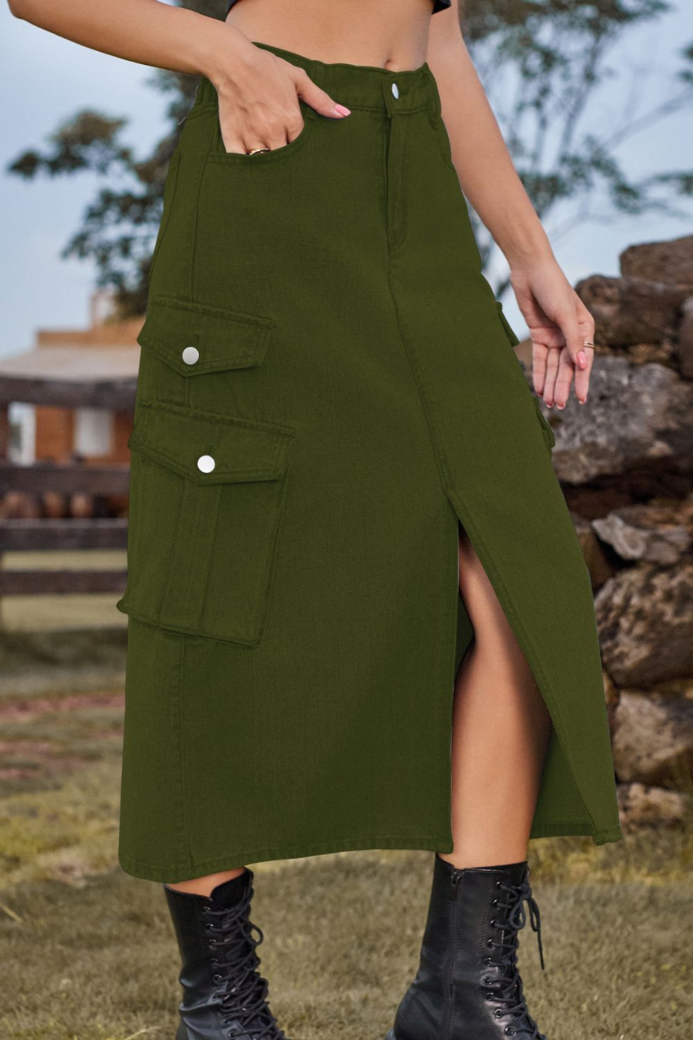 Slit Front Midi Denim Skirt with Pockets-Teresa&#39;s Fashionista LLC