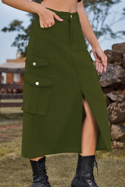 Slit Front Midi Denim Skirt with Pockets-Teresa&#39;s Fashionista LLC