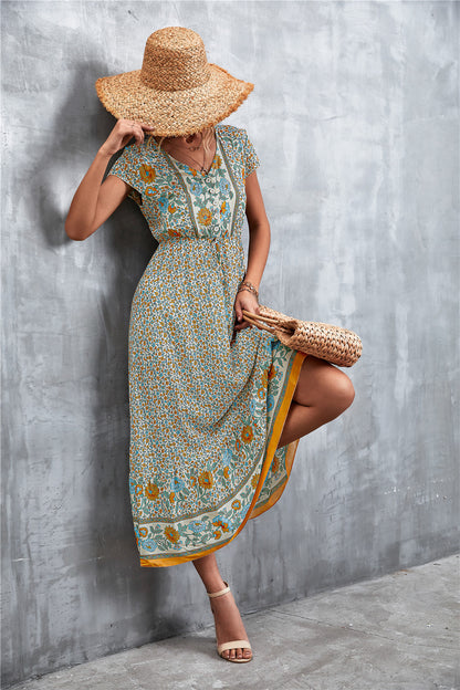 V-Neck Short Sleeve Printed Maxi Dress-Teresa&#39;s Fashionista LLC