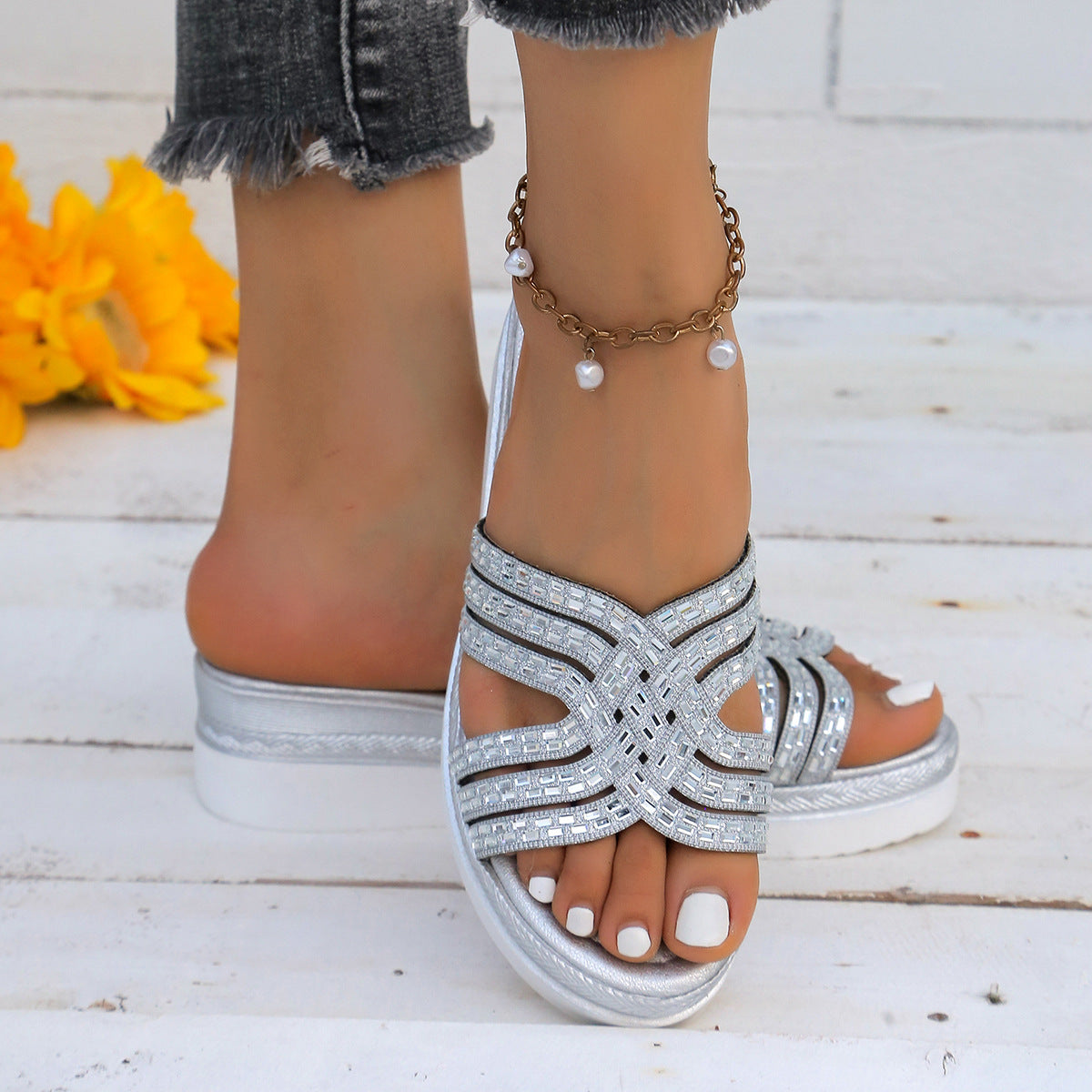 Rhinestone Open Toe Wedge Sandals-Teresa&#39;s Fashionista LLC