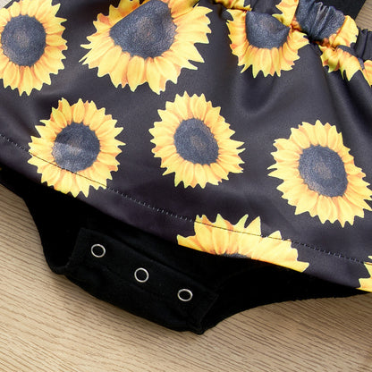 Sunflower Print Spliced Lace Bodysuit Dress-Teresa&#39;s Fashionista LLC