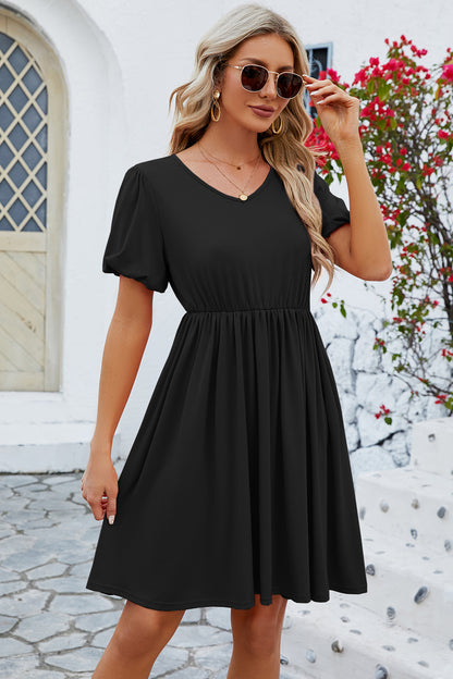 V-Neck Balloon Short Sleeve Dress-Teresa&#39;s Fashionista LLC