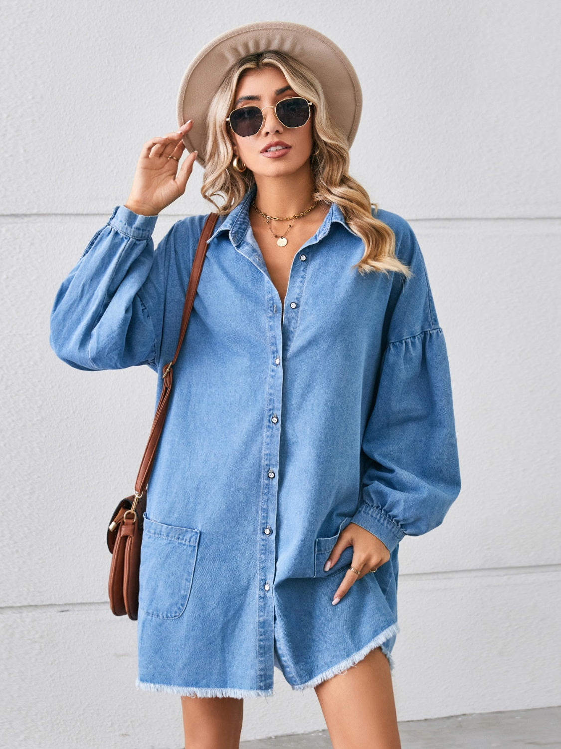 Button Up Pocketed Raw Hem Denim Dress-Teresa&#39;s Fashionista LLC