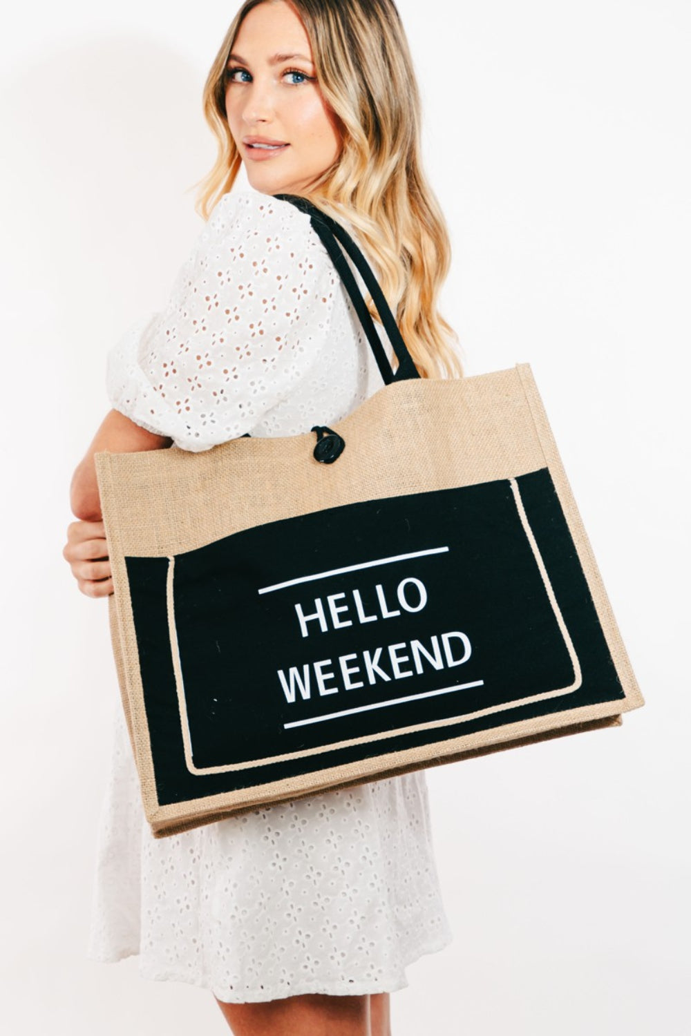 Fame Hello Weekend Burlap Tote Bag-Teresa&#39;s Fashionista LLC