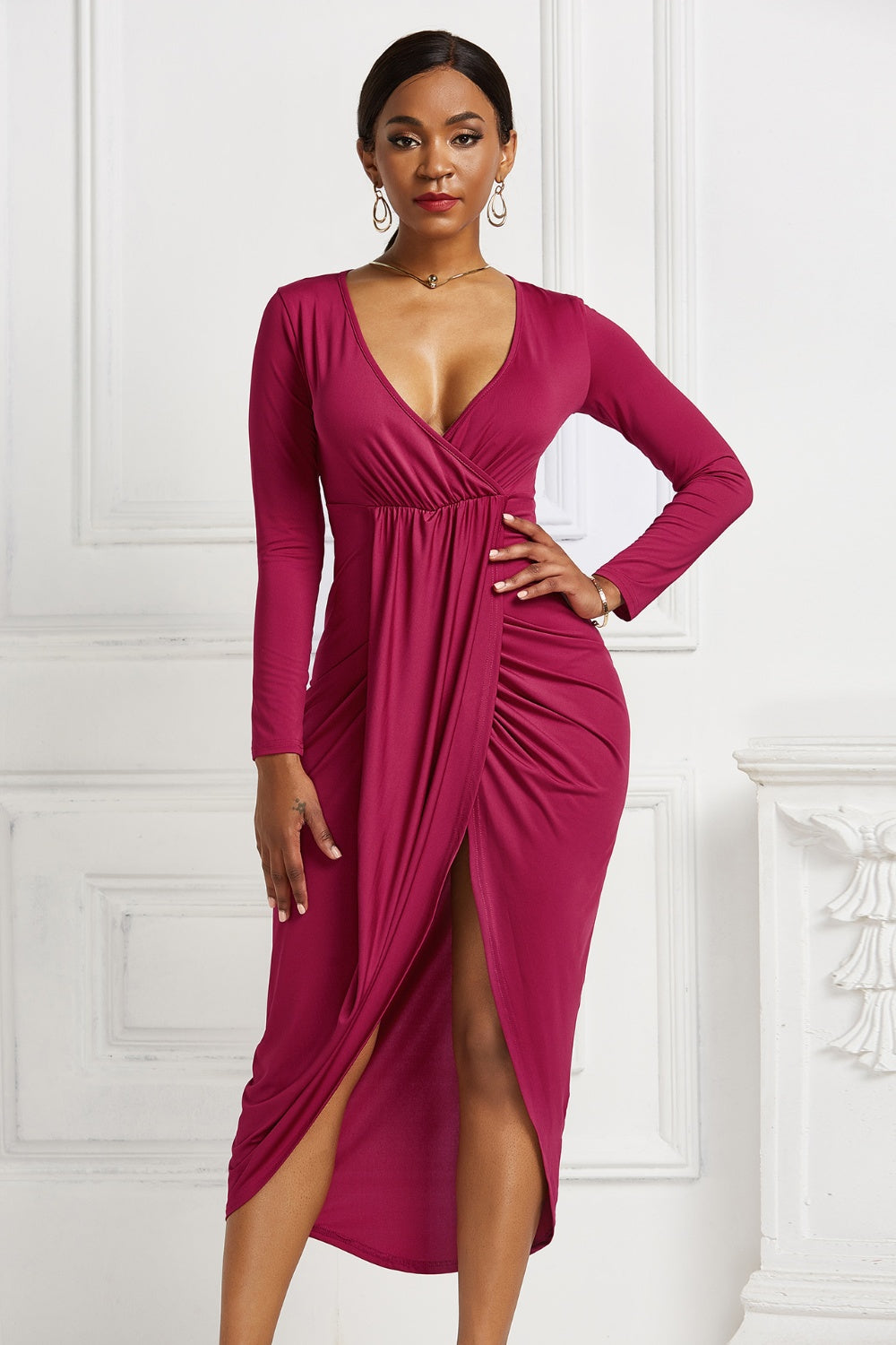 High-low Ruched Surplice Long Sleeve Dress-Teresa&#39;s Fashionista LLC