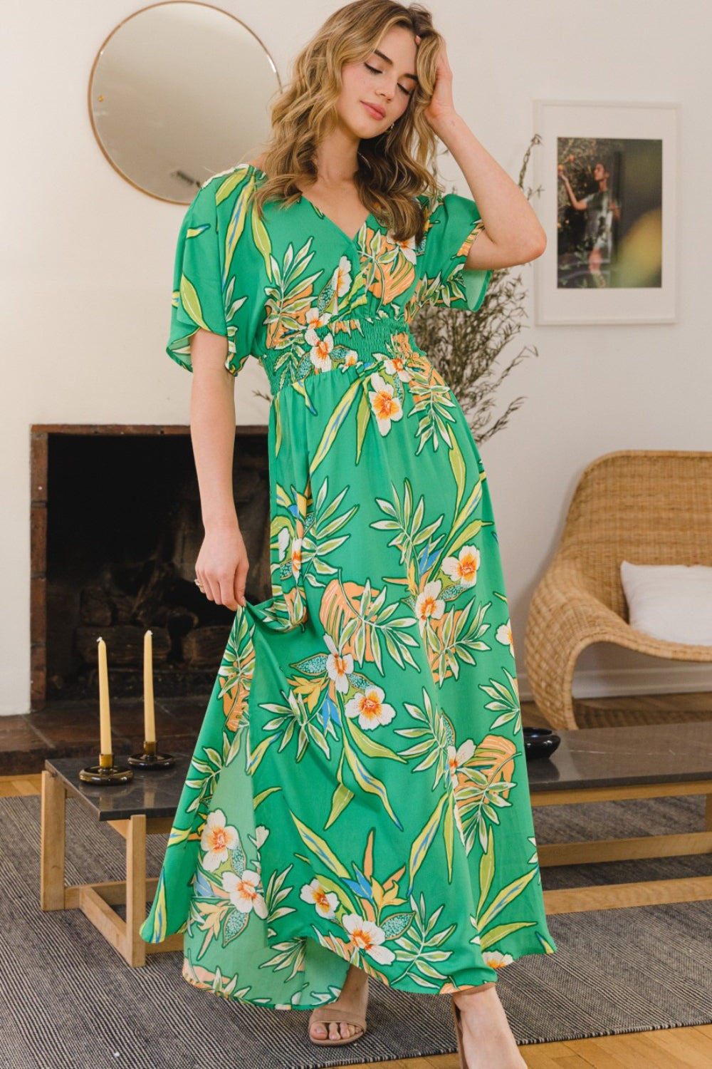 ODDI Full Size Floral Smocked Tied Back Maxi Dress-Teresa&#39;s Fashionista LLC