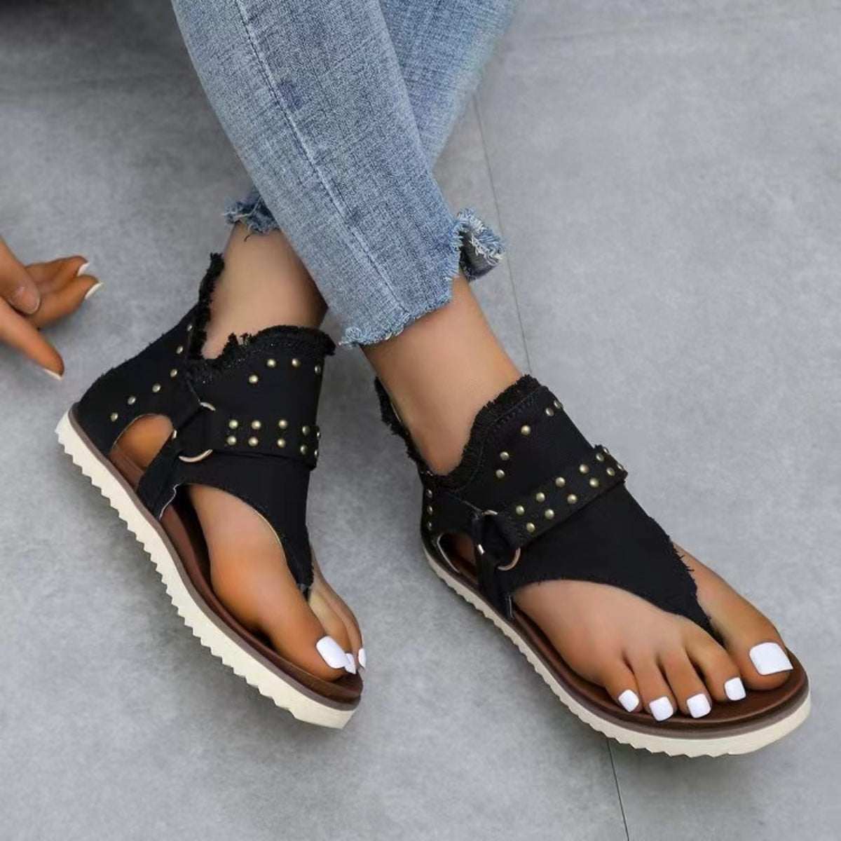 Studded Raw Hem Flat Sandals-Teresa&#39;s Fashionista LLC