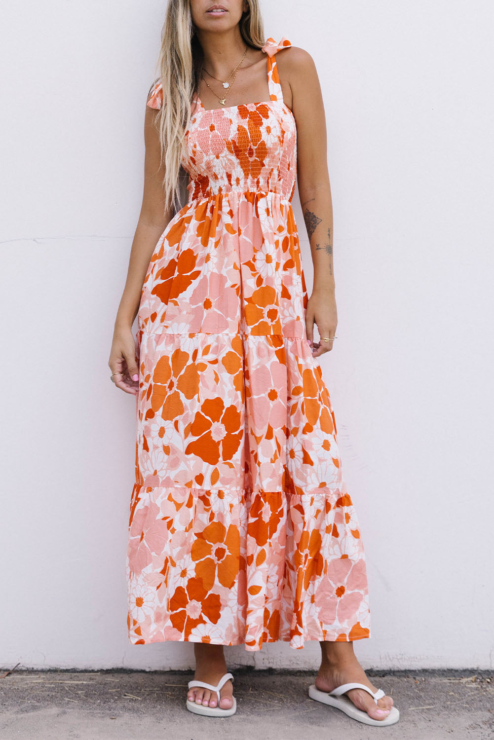 Floral Tie-Shoulder Smocked Maxi Dress-Teresa&#39;s Fashionista LLC