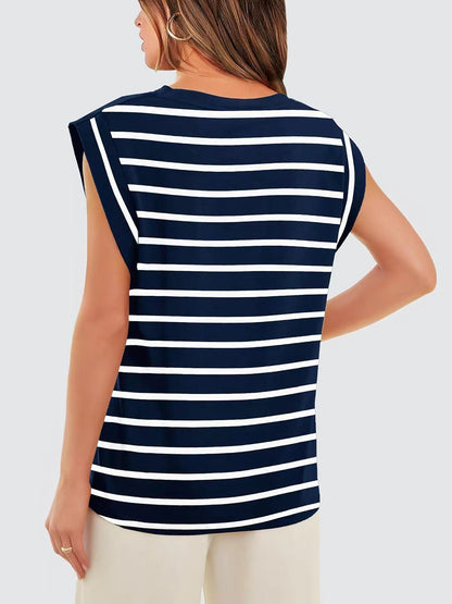 Striped Round Neck Cap Sleeve T-Shirt-Teresa&#39;s Fashionista LLC