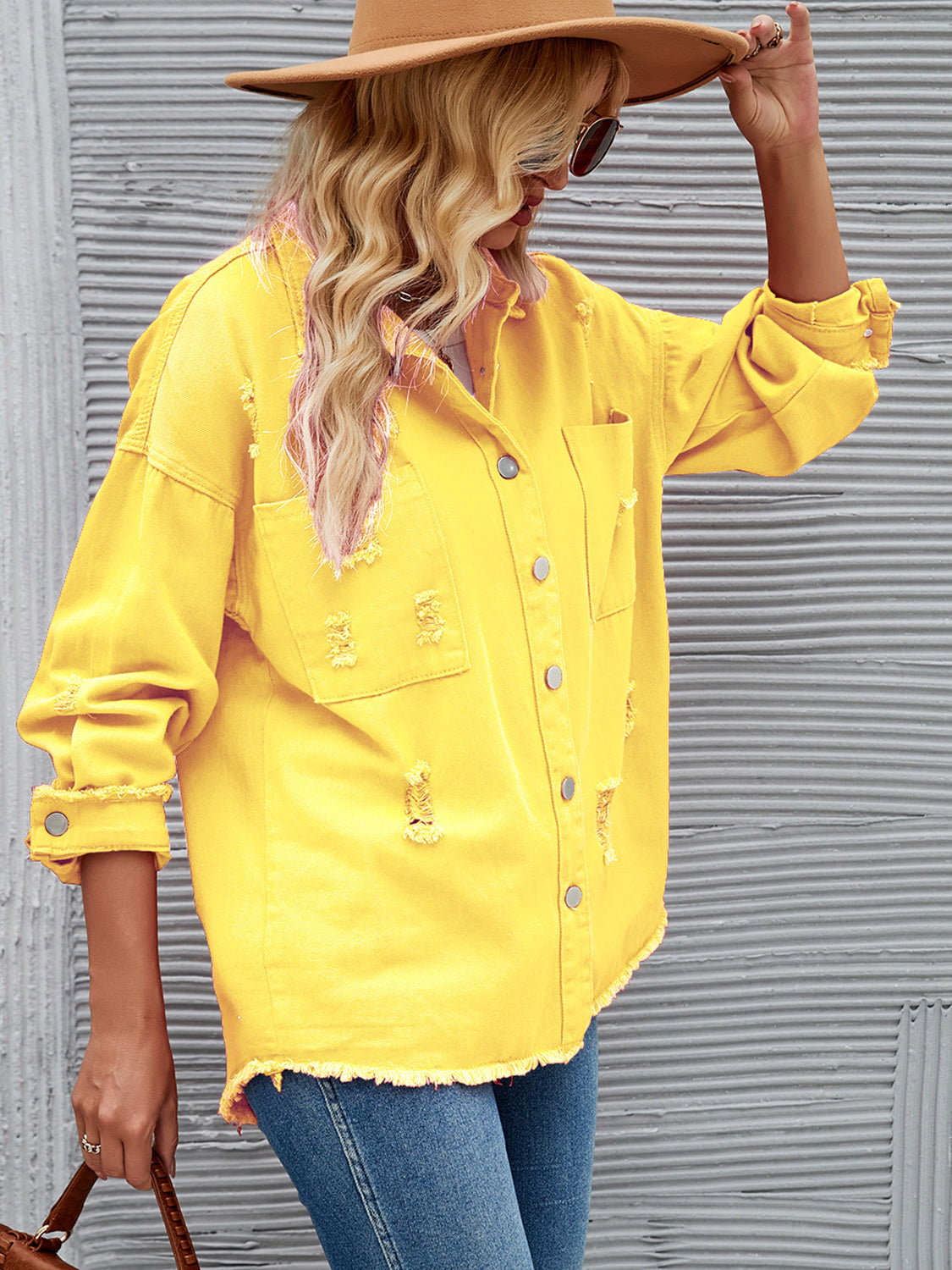 Distressed Raw Hem Button Up Denim Jacket-Teresa&#39;s Fashionista LLC