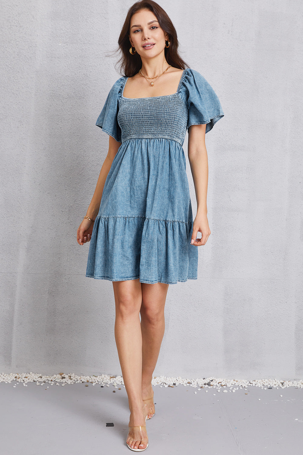 Smocked Square Neck Mini Denim Dress-Teresa&#39;s Fashionista LLC