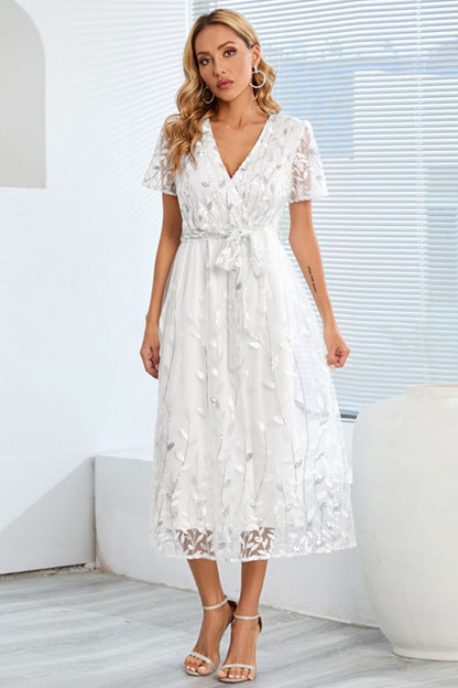 Sequin Leaf Embroidery Tie Front Short Sleeve Dress-Teresa&#39;s Fashionista LLC