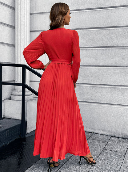 V-Neck Tie Waist Pleated Maxi Dress-Teresa&#39;s Fashionista LLC