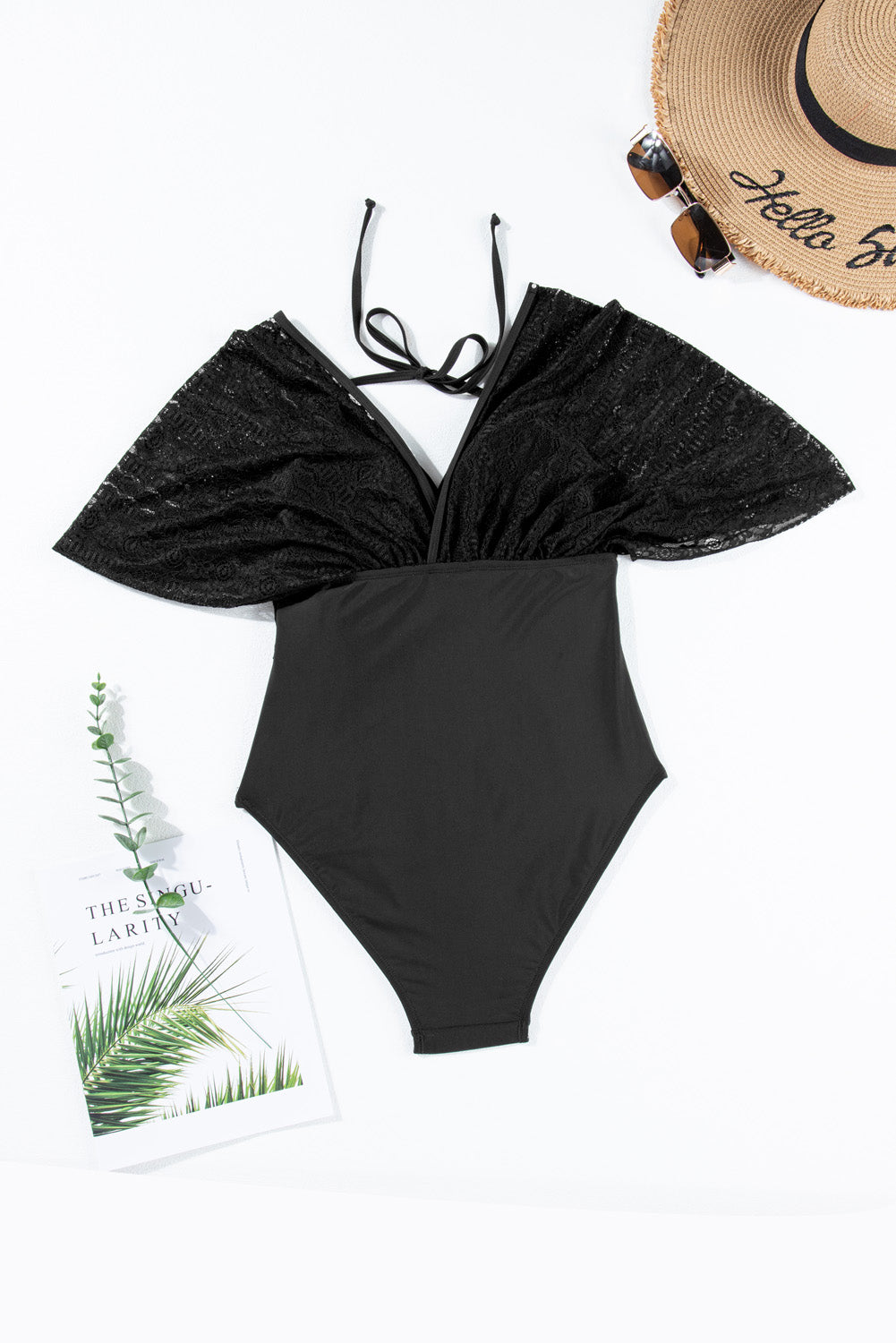 Tied Lace Detail V-Neck Half Sleeve One-Piece Swimwear-Teresa&#39;s Fashionista LLC