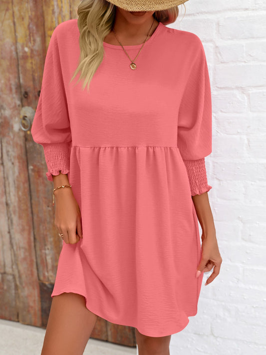 Round Neck Lantern Sleeve Mini Dress-Teresa&#39;s Fashionista LLC