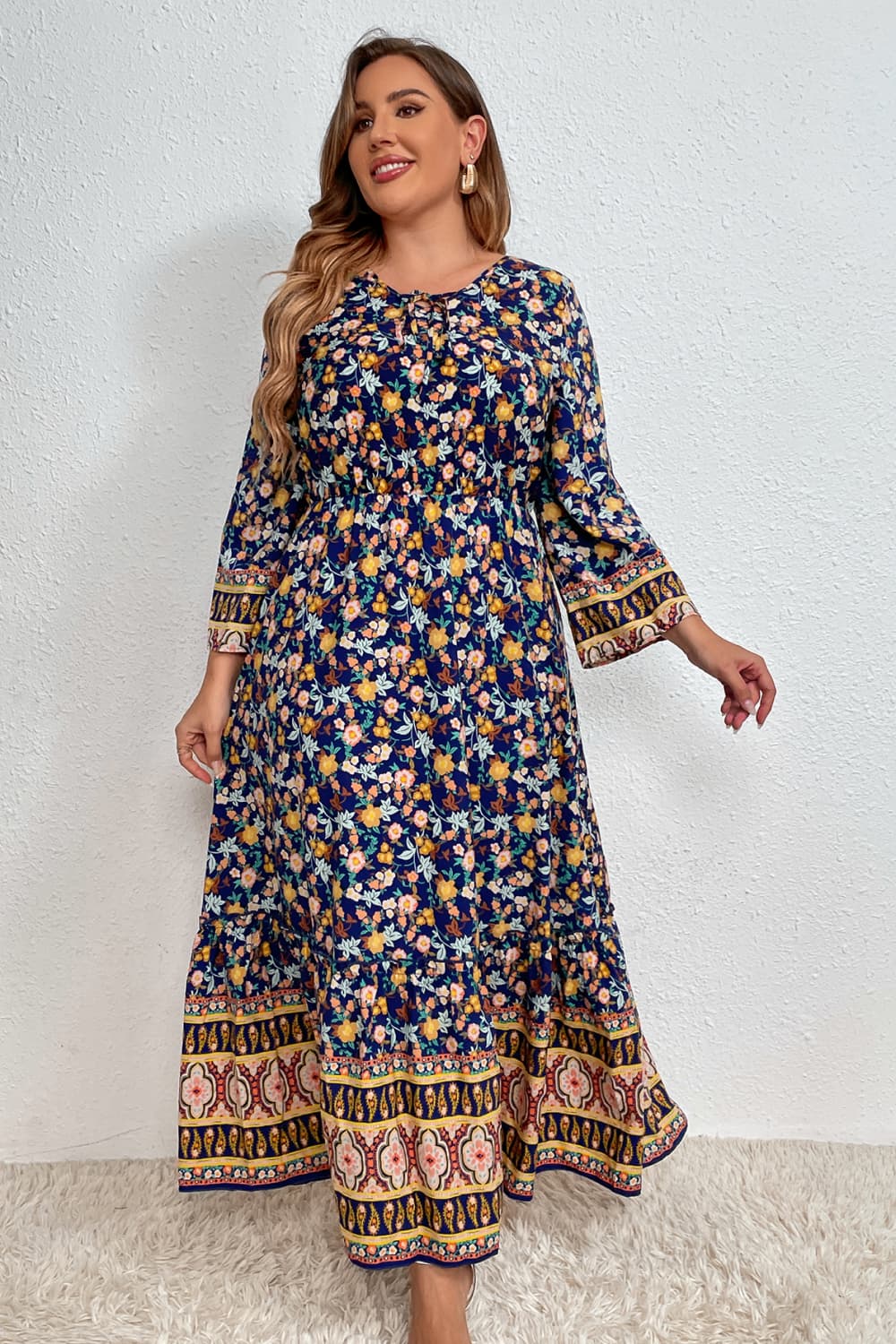 Melo Apparel Plus Size Bohemian Round Neck Maxi Dress-Teresa&#39;s Fashionista LLC