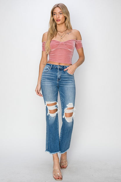 RISEN Mid Rise Distressed Cropped Flare Jeans-Teresa&#39;s Fashionista LLC