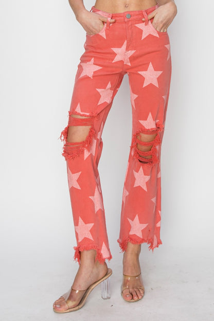 RISEN Full Size Distressed Raw Hem Star Pattern Jeans-Teresa&#39;s Fashionista LLC