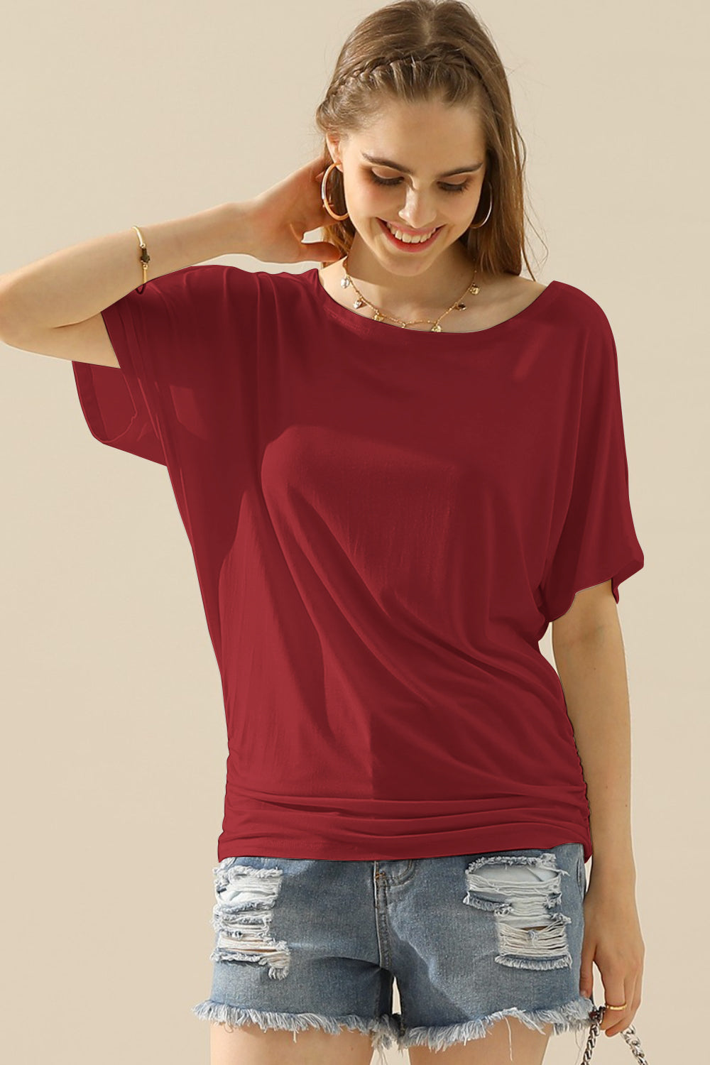 Ninexis Boat Neck Short Sleeve Ruched Side Top-Teresa&#39;s Fashionista LLC