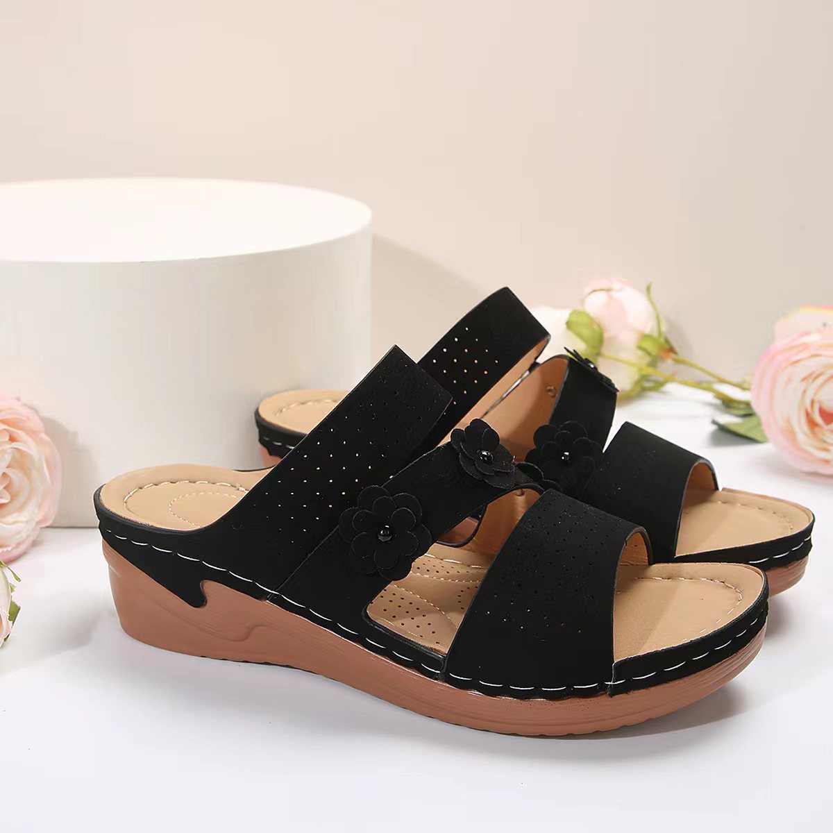 Flower PU Leather Wedge Sandals-Teresa&#39;s Fashionista LLC