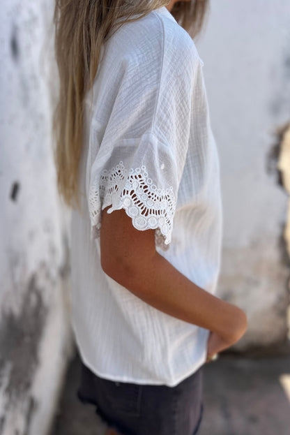 Lace Detail Collared Neck Short Sleeve Blouse-Teresa&#39;s Fashionista LLC