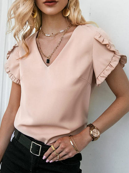 Frill V-Neck Short Sleeve Blouse-Teresa&#39;s Fashionista LLC