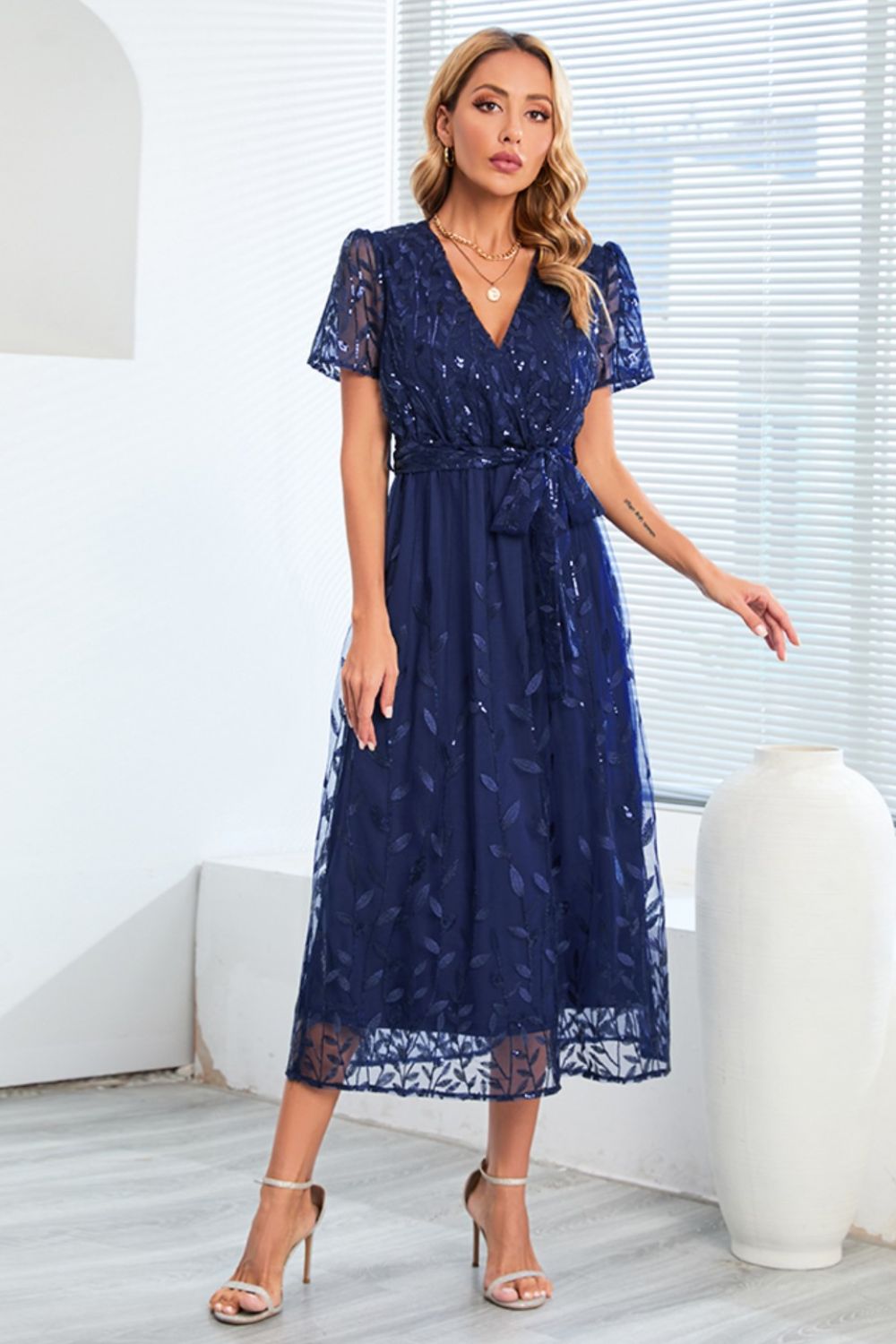 Sequin Leaf Embroidery Tie Front Short Sleeve Dress-Teresa&#39;s Fashionista LLC