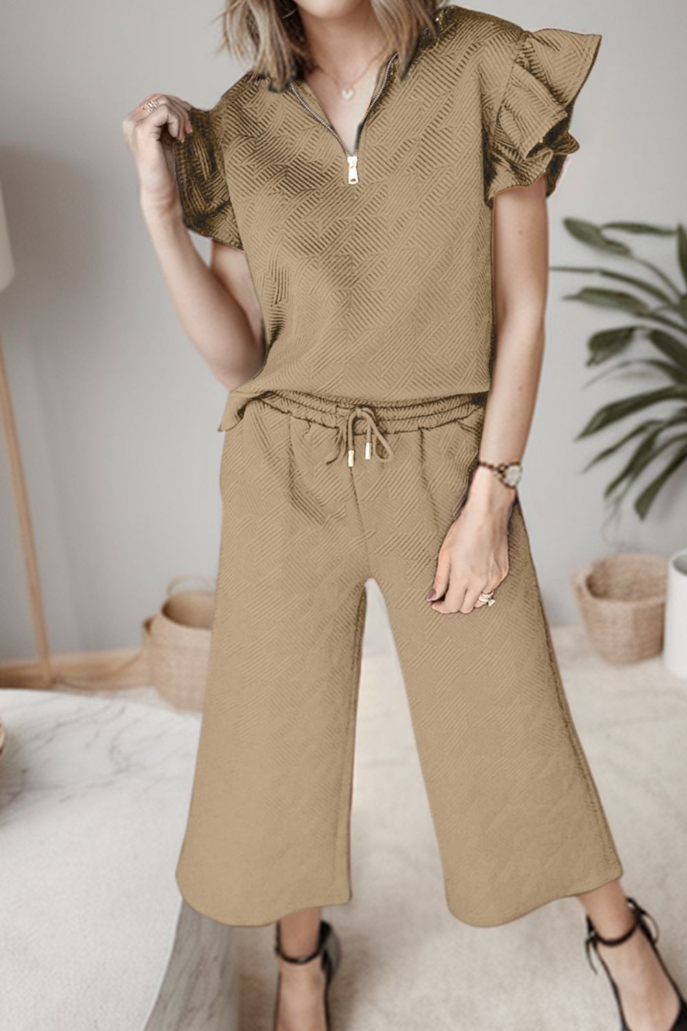 Ruffled Quarter Zip Top and Drawstring Pants Set-Teresa&#39;s Fashionista LLC