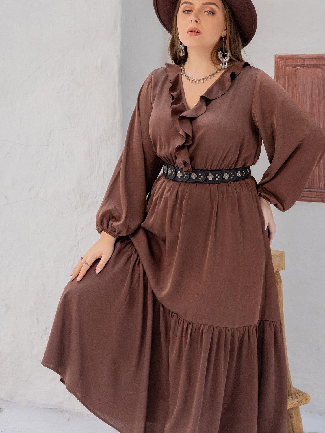 Plus Size V-Neck Ruffle Trim Maxi Dress-Teresa&#39;s Fashionista LLC